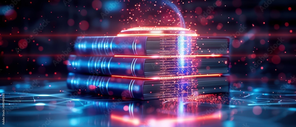 Poster digital data storage concept with illuminated server stacks in a futuristic setting, representing in