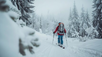 Backcountry Skiing Through a Snowy Forest