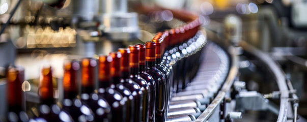 A conveyor belt in a wine bottling facility, with bottles of wine being filled, corked, and labeled, illustrating the wine production process.