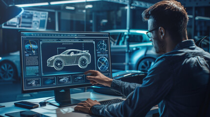 A man immersed in designing a new car model on a high-tech computer, surrounded by an automotive workshop, showcasing innovation and technology.