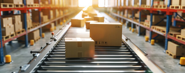 Obraz premium A conveyor belt in a warehouse, with packages of various sizes being sorted and shipped out for delivery, illustrating the logistics process.