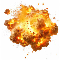 A massive explosion with bright yellow fireball and debris flying in all directions, isolated on white background