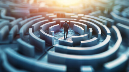 A lone figure stands in the center of a dizzying labyrinth under a golden light, symbolizing both confusion and an impending breakthrough.