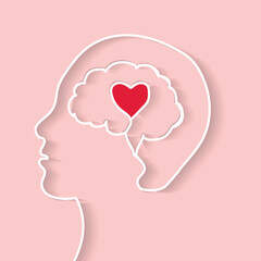 Head and brain outline with heart concept light pink