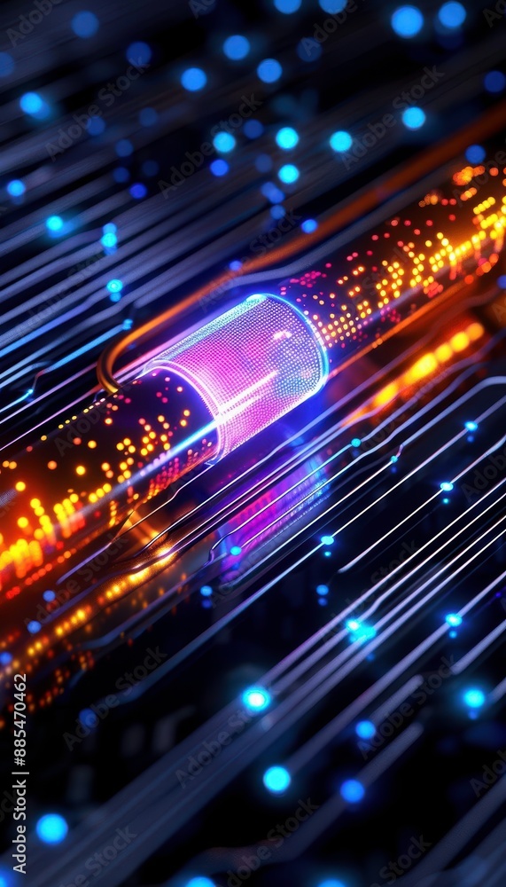 Poster futuristic visualization of high-speed data transmission through optical fiber with glowing lights a