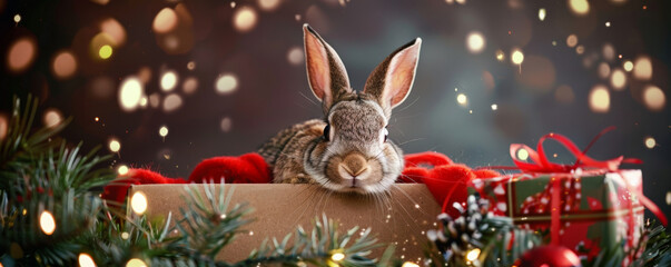 A curious rabbit peeking into a large Christmas gift box, surrounded by festive decorations and twinkling lights.
