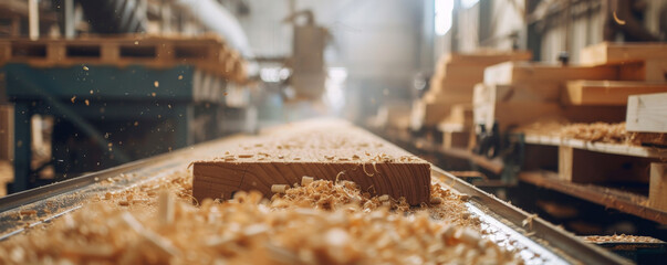 A conveyor belt in a woodworking shop, with wooden planks being cut, sanded, and assembled into furniture.