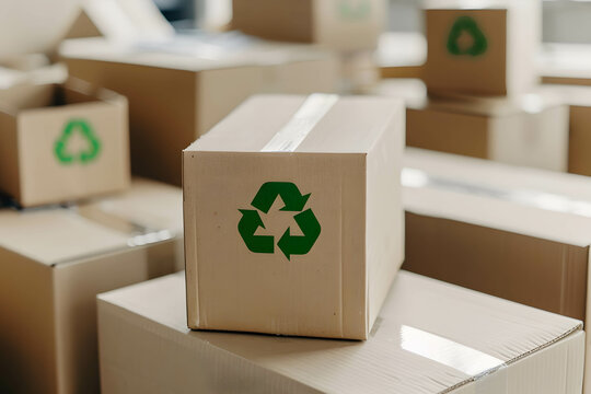 Sustainable packaging and delivery process in a logistic center or warehouse, worker preparing sustainable cardboard boxes for delivery, giving importance to eco-friendly