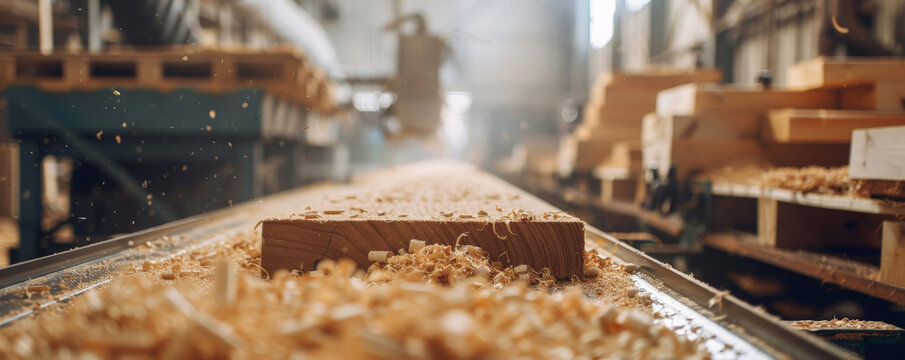 A conveyor belt in a woodworking shop, with wooden planks being cut, sanded, and assembled into furniture.