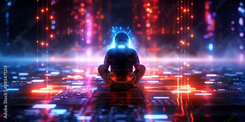Poster man sitting in futuristic digital network environment, connected to virtual reality and immersed in 