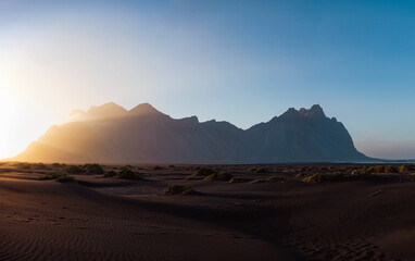 Stunning panoramic view of Vestrahorn, an impressive 454 metres tall mountain. It faces out to the...
