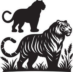 A wonder Tiger silhouette vector art design, tiger black white in a part of package with pure solid white background
