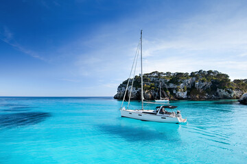 Beautiful bay with sailing boats, Menorca island, Spain, Yachting, travel and active lifestyle...