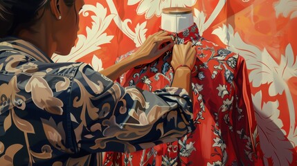 Person adjusting a colorful patterned shirt on a dress form in a vibrant, artistically designed background, showcasing intricate clothing design.