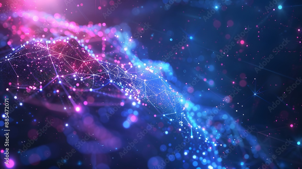 Poster a vibrant neon visualization of a data network, featuring interconnected nodes and flowing digital p