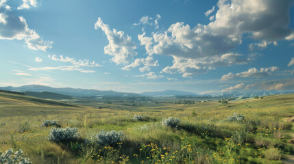 A vast meadow under a blue sky dotted with fluffy clouds, epitomizing nature's tranquility and beauty.