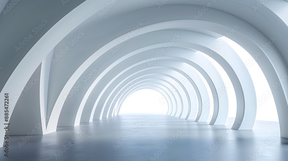 Poster minimalist white tunnel with smooth curved arches and bright light at the end emphasizing clean and 