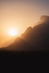 Stunning view of Vestrahorn during a breathtaking sunset. Vestrahorn is an impressive 454 metres tall mountain. Iceland.