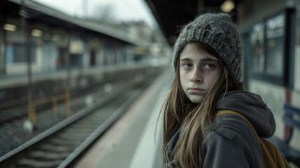 Obraz premium A young girl in a beanie waits at a desolate train station, her expression somber, capturing a mood of solitude and longing in a cold, urban environment.