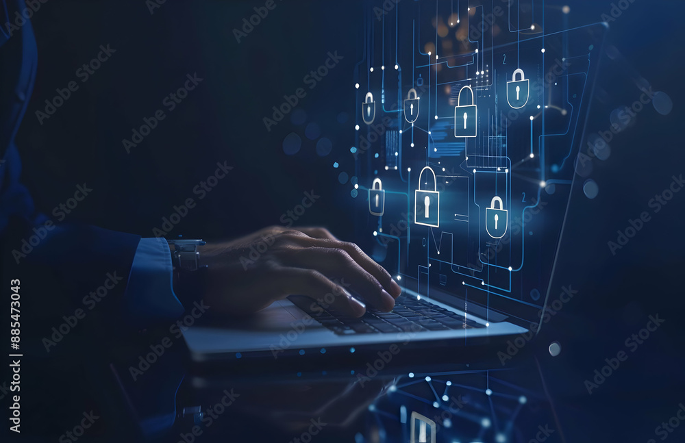 Aufkleber hands typing on laptop with digital locks representing cybersecurity and data protection. dark backg