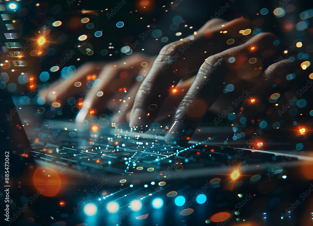 Poster hands typing on a laptop keyboard with bokeh effects, representing technology and digital communicat