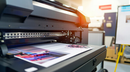 Close-up of a high-quality digital printer producing vibrant prints in a modern printing facility with a sunlight effect.