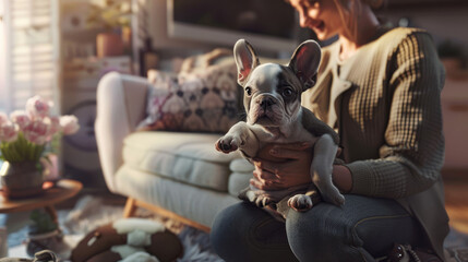 A woman gently cradles a French bulldog puppy on her lap in a cozy living room filled with soft light, plush furniture, and delicate flowers.