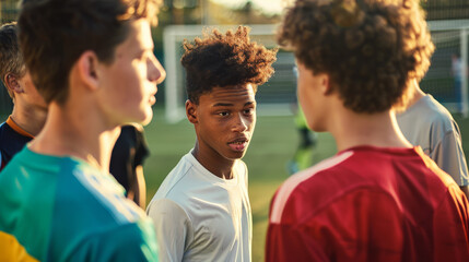 A group of teenage boys engage in an intense discussion on a soccer field, displaying teamwork and sport's essence against the backdrop of setting sunlight.