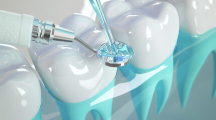 A close-up illustration of a dental cleaning tool thoroughly cleaning teeth, highlighting the importance of dental hygiene and care.