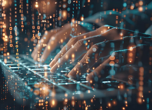 Hands typing on a keyboard with binary code overlay, representing programming, cybersecurity, and digital technology concepts.