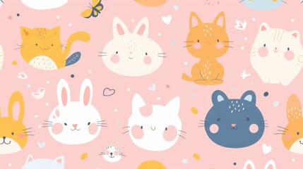 A cute wallpaper with cartoon-style animals such as cats, dogs, and rabbits 