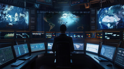 A lone figure sits in a high-tech control room, surrounded by multiple screens displaying global maps and data, representing surveillance and global strategy.