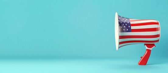 American flag with megaphone, US election, citizens of America voting president, Memorial Day, Labour Day, banner 