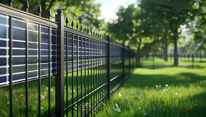 Fototapeta premium Modern solar panel fence in a lush green park, emphasizing sustainability and renewable energy in a serene outdoor setting.