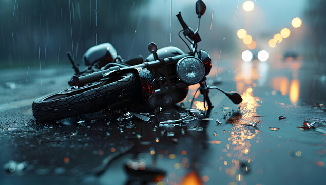 Motorcycle accident on a rainy night with blurred headlights in the background. Safety reminder for road conditions and visibility.