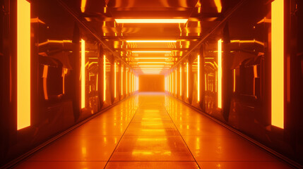 A futuristic corridor lit by vibrant orange lights, creating a sense of depth and anticipation toward a glowing endpoint.