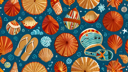 Fototapeta premium Summer pattern illustration that captures the essence of a sunny beach day. Include elements like seashells, starfish, beach umbrellas, flip-flops, and waves