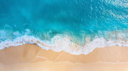 Obraz premium Aerial view of a pristine beach with gentle waves lapping against the golden sand, blending beautifully with the turquoise ocean.