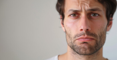 Obraz premium A young man looking at the camera with a worried or sad expression against background with copy space.