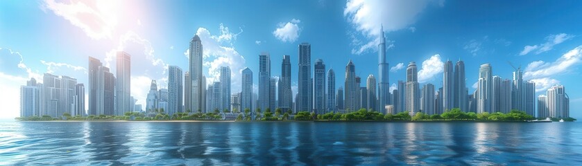 Fototapeta premium Design a sleek and modern city skyline, seen headon, with iconic buildings and a dynamic urban atmosphere