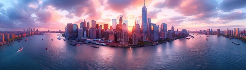 Fototapeta premium Capture a stunning urban landscape at sunset with vivid colors and dynamic perspective Show bustling city life from a birdseye view