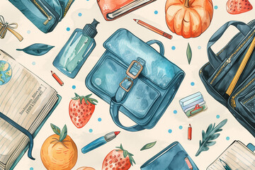 Back to school social media post, pink backpack with school supplies. 