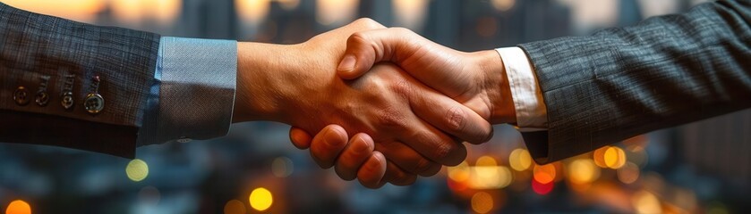 Fototapeta premium Professional business handshake in a modern office setting, symbolizing partnership and success, with a cityscape background