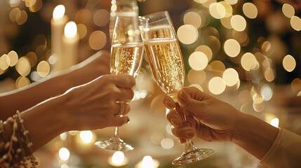 Christmas festive wedding party social gathering celebration toasting with champagne glasses group of people event wine dinner joy friends family