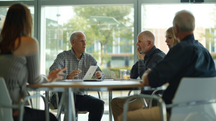 Fototapeta premium An engaging business meeting with elderly professionals attentively discussing strategies in a bright, modern conference room, fostering collaboration.