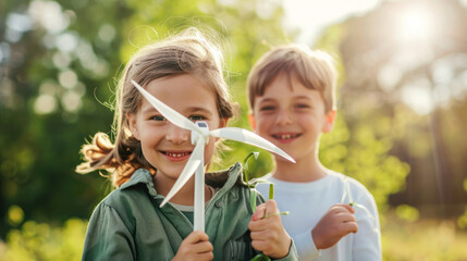 Fototapeta premium Two children gleefully hold miniature wind turbines, symbolizing green energy and sustainability, amidst a lush, sunlit background.