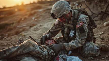 A soldier tends to a wounded comrade on a battlefield at sunset, illustrating bravery, duty, and sacrifice in the midst of conflict.