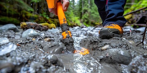 Scientist collects water samples in a muddy forest stream