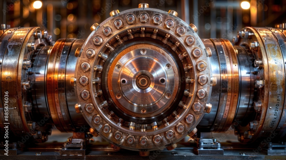 Poster a large metal component of a particle accelerator, showing intricate detail and complex engineering