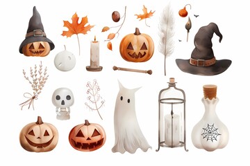 Collection of Halloween-themed decorations with pumpkins, witch hats, and spooky items.